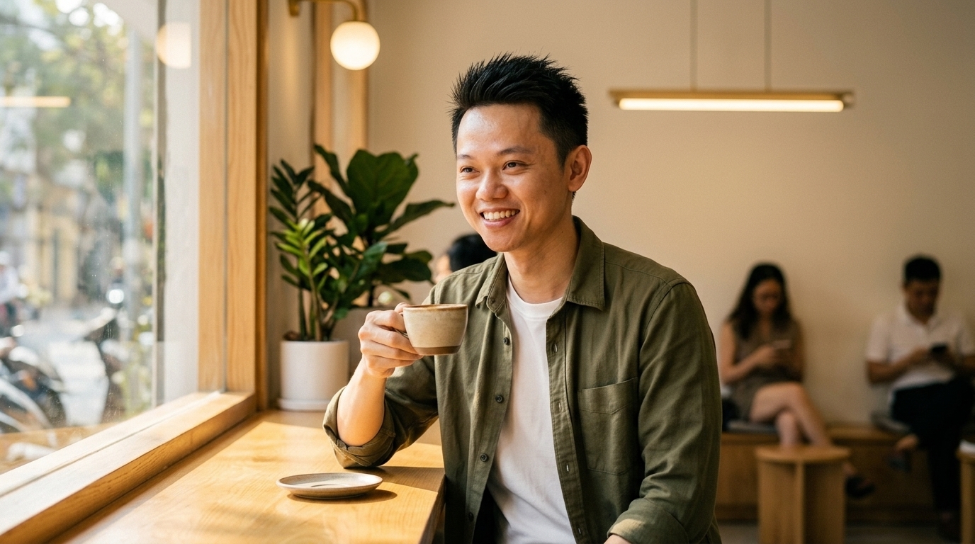 AI Tạo: Uống cafe bên cửa sổ